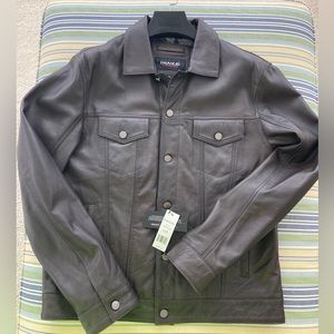 Men’s Chocolate Lambskin Leather Trucker Jacket - Size L - NEW